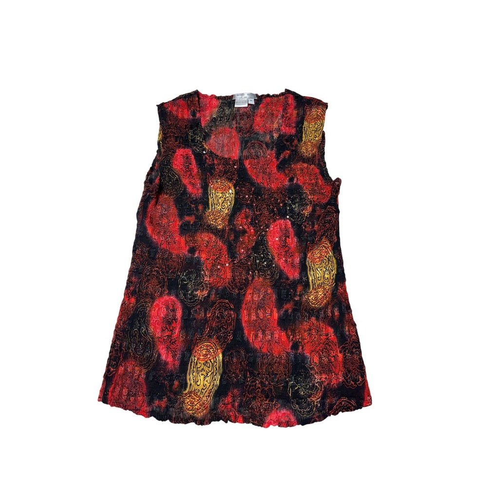 Alberto Makali Womens Red‎ Gold Paisley Crinkle Sequin Sleeveless Blouse Medium